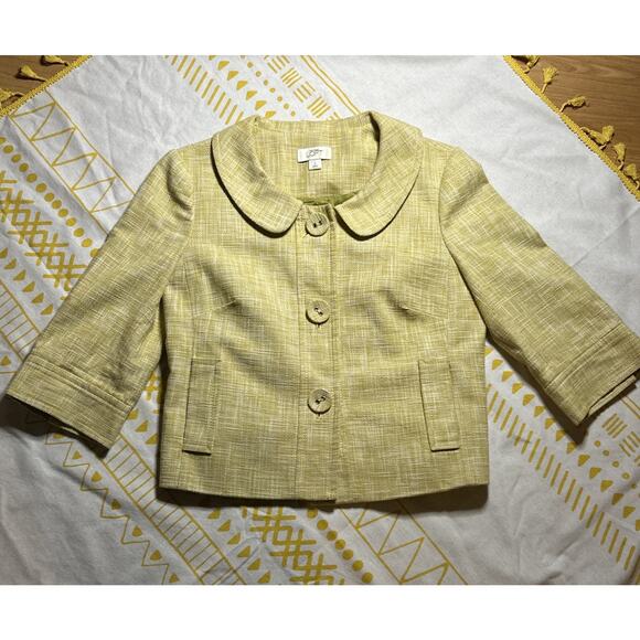 Ann Taylor Loft Tweed Blazer Jacket Yellow Size 8 3/4 Sleeves Button Front Women - Picture 1 of 10